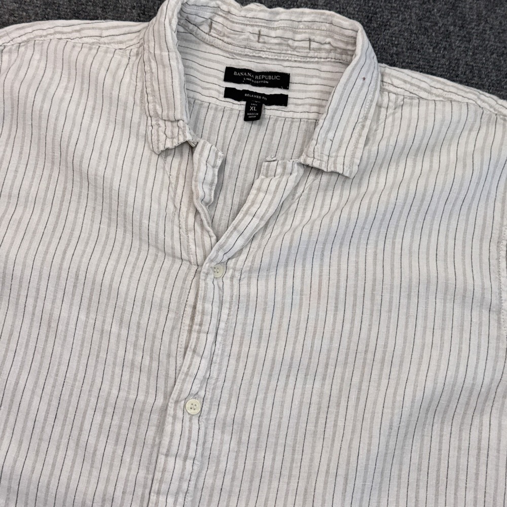 Banana Republic Linen‎ Button Up Shirt Mens Size XL White Striped Short Sleeve